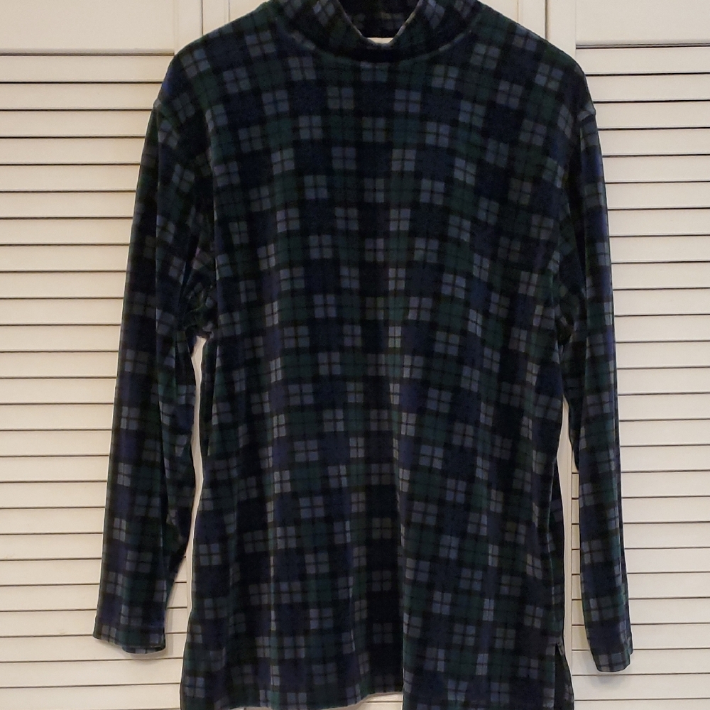 Talbots Velour Plaid Mock Neck Blue and Green Top, Size XL